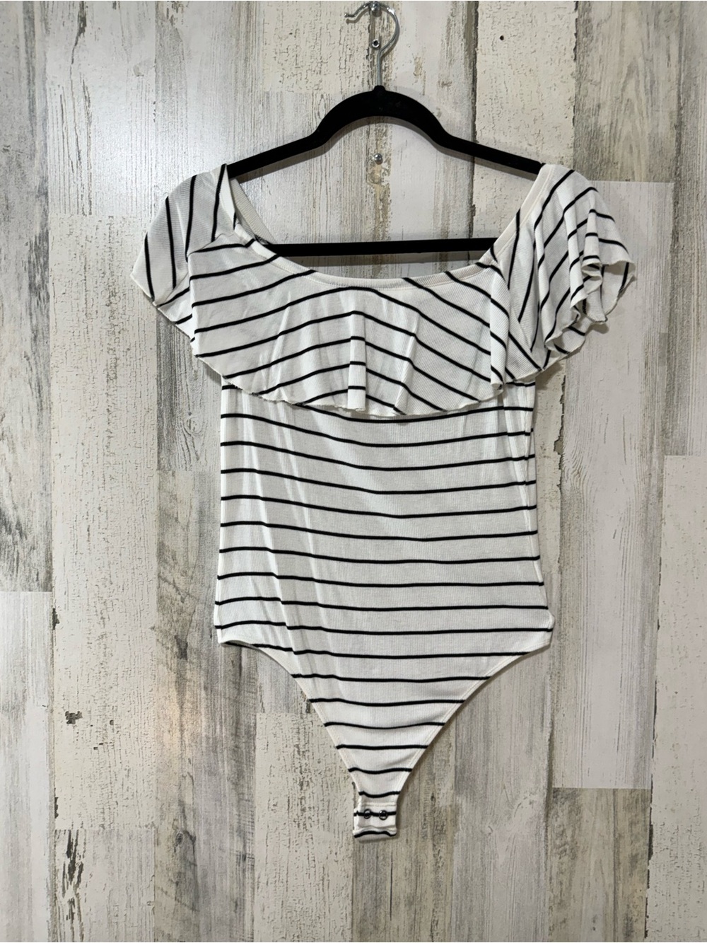 Express White and Black Striped Off-Shoulder Bodysuit Ribbed Lightweight Ruffle